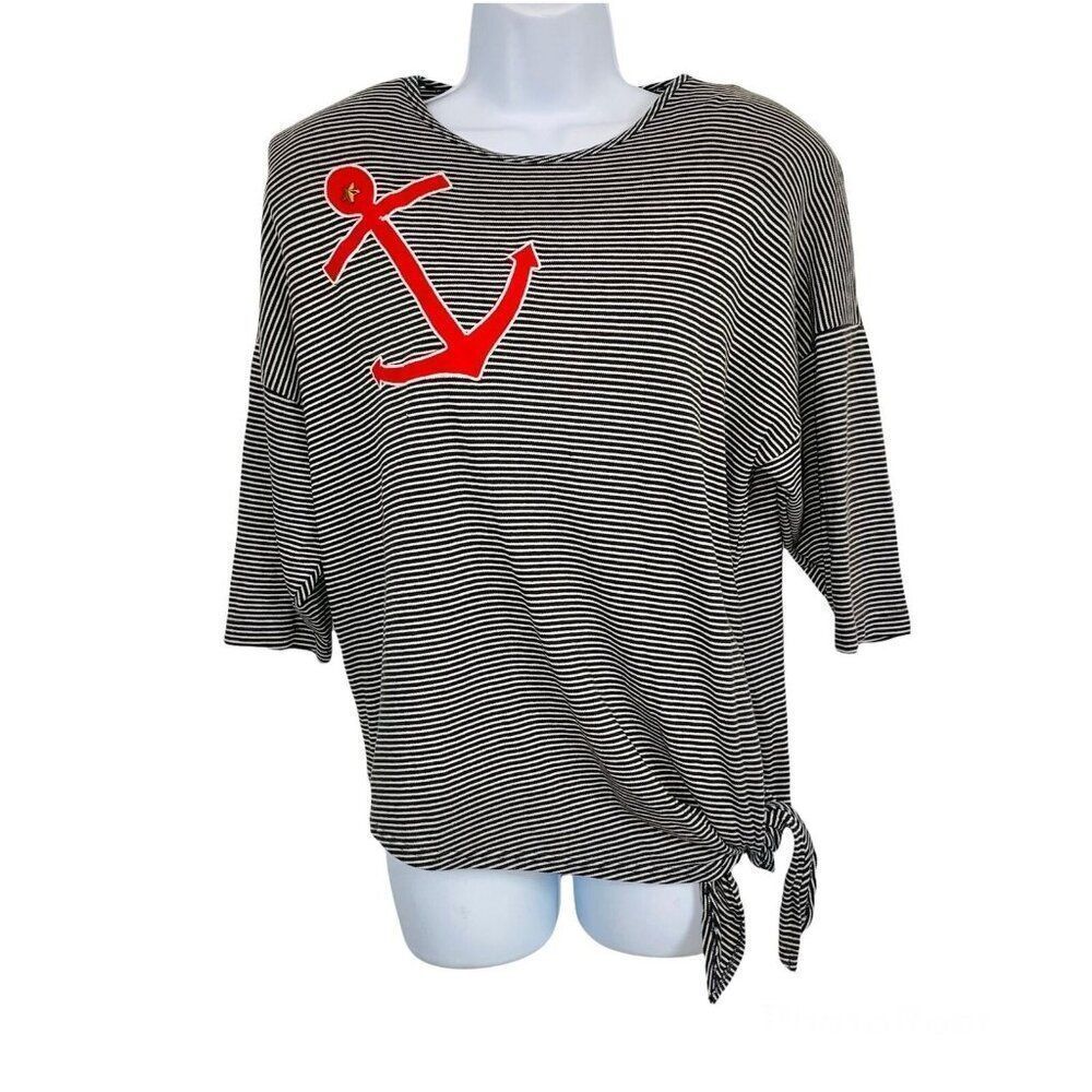 Vintage Oliver Womens L Top Shirt White Black Striped Nautical Red Anchor